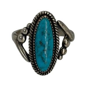 Vintage Navajo Sterling Silver Turquoise Ring Long Oval Boho Southwest Jewelry 8